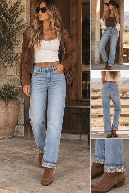 Lucky & Blessed Denim - Lucky & Blessed 6 Boyfriend Jeans Light Wash Rhinestone Crystal Cuff Y2K Western